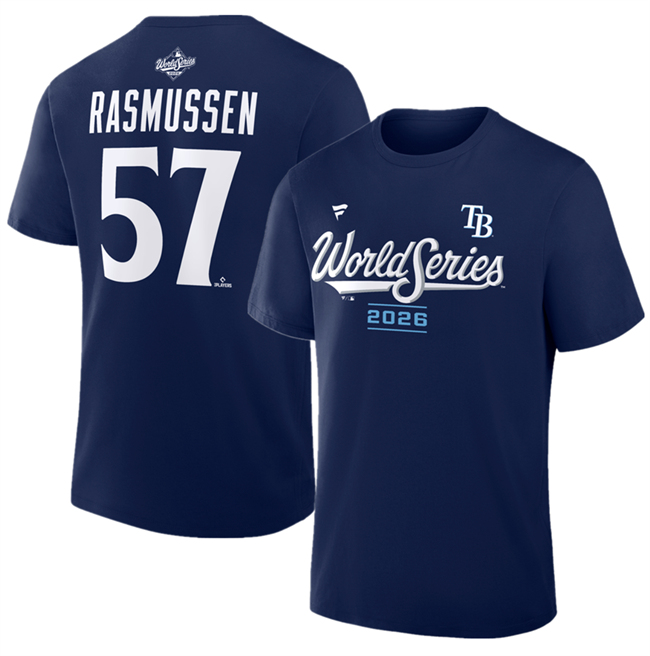 Men's Navy Tampa Bay Rays #57 Drew Rasmussen 2026 World Series Name & Number T-Shirt